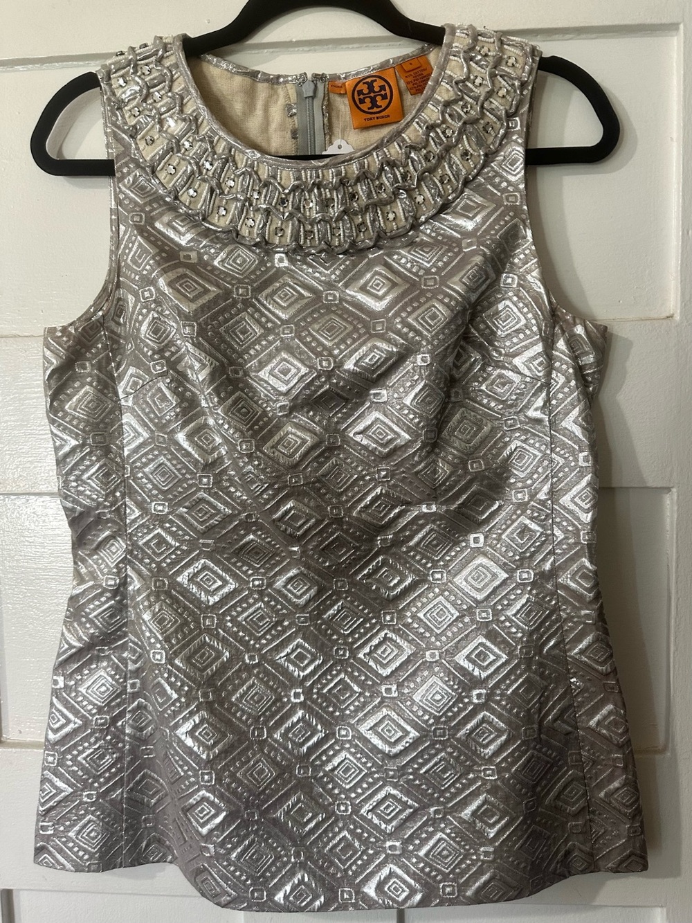 Tory Burch Silver Brocade Top w Rhinestone Neckline Beautiful Linen-Blend Top